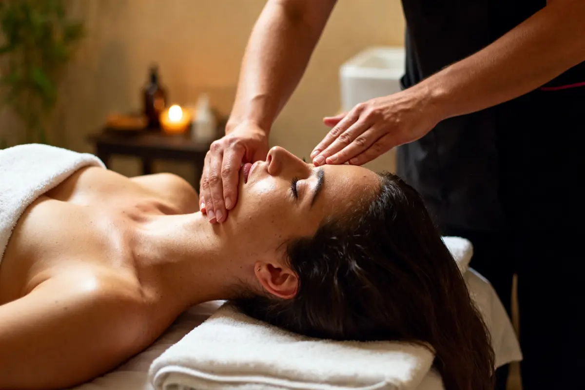 Femme recevant un massage relaxant du visage à Clermont-Ferrand, ambiance apaisante et chaleureuse