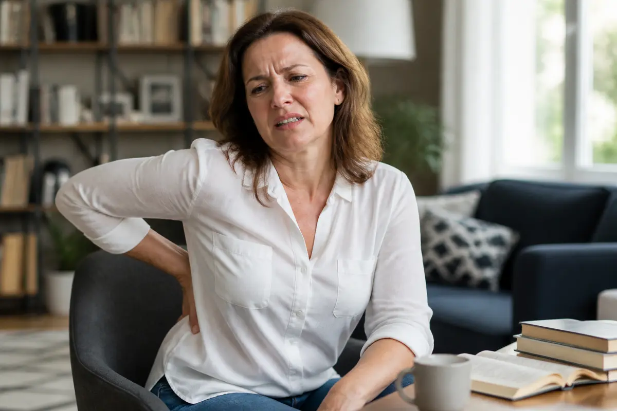 Femme assise ressentant une douleur dans le bas du dos liée au cancer