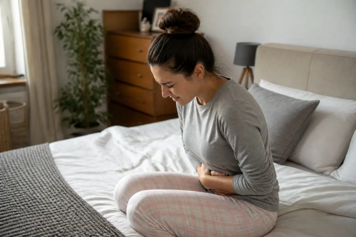 Femme ressentant une douleur au bas du ventre après une ligature des trompes.