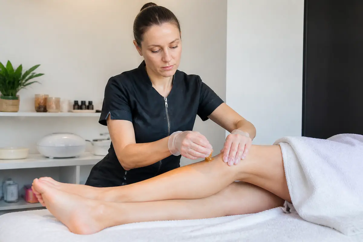 Esthéticienne appliquant une cire sur la jambe dans l'institut Epiloderm