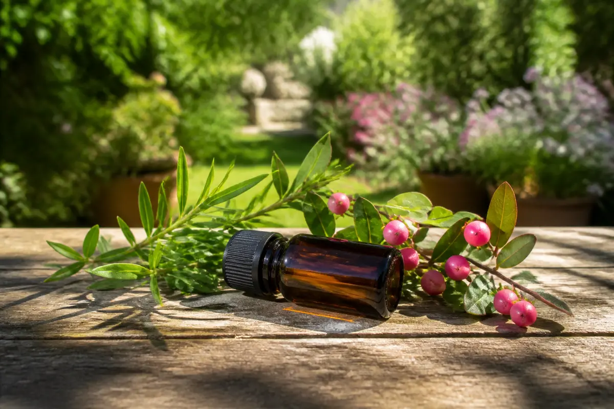 Bouteille d'huile essentielle pour cor au pied avec plante verte et baies roses sur table bois
