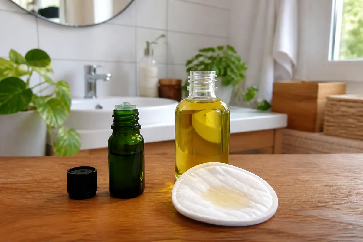 Bouteilles d'huiles essentielles de tea tree pour traiter les cors au pied naturellement