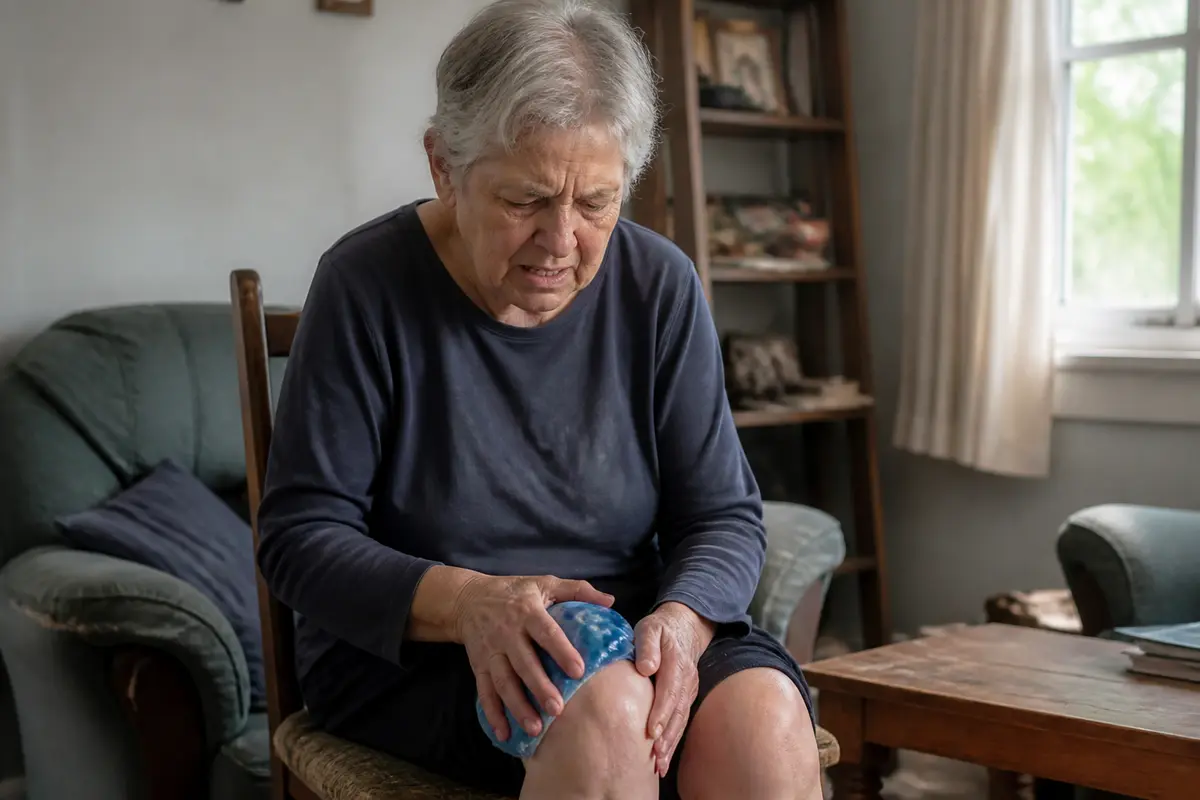 Personne âgée souffrant de douleurs articulaires liées à l’hypogammaglobulinémie, compresses sur le genou