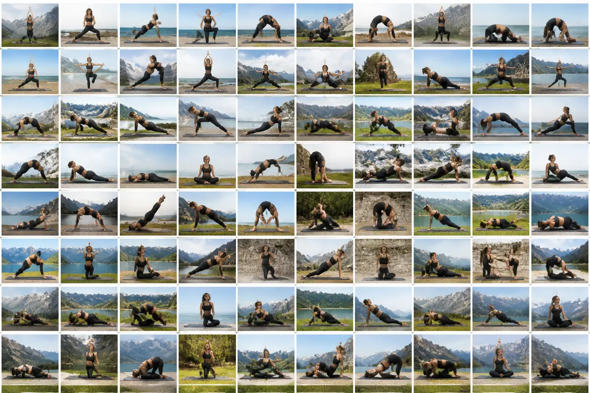 Différentes postures de yoga illustrant les 108 postures du yoga en PDF en extérieur.