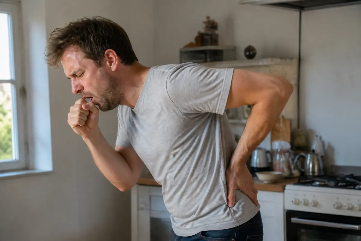 Homme toussant avec mal au dos dans une cuisine chaleureuse ensoleillée