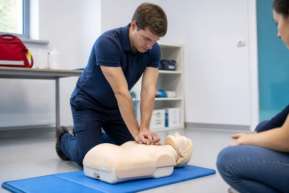 Homme pratiquant un massage cardiaque sur mannequin, démontrant les dangers potentiels associés