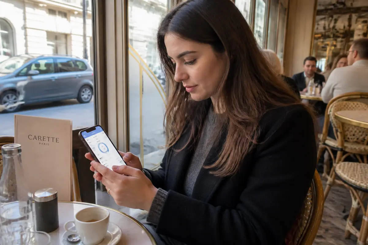 Femme consultant des avis sur MyFitnessPal au café parisien Carette avec un smartphone