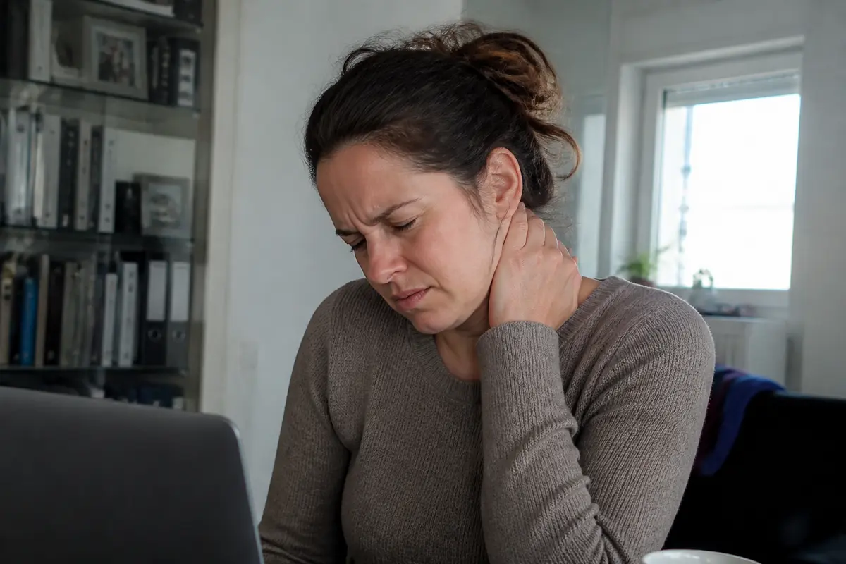 Femme fatiguée souffrant de névralgie d'Arnold devant ordinateur, main sur la nuque