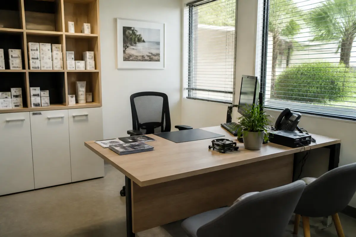 Bureau moderne et accueillant dans un ophtalmic espace lumineux avec étagères et plantes vertes