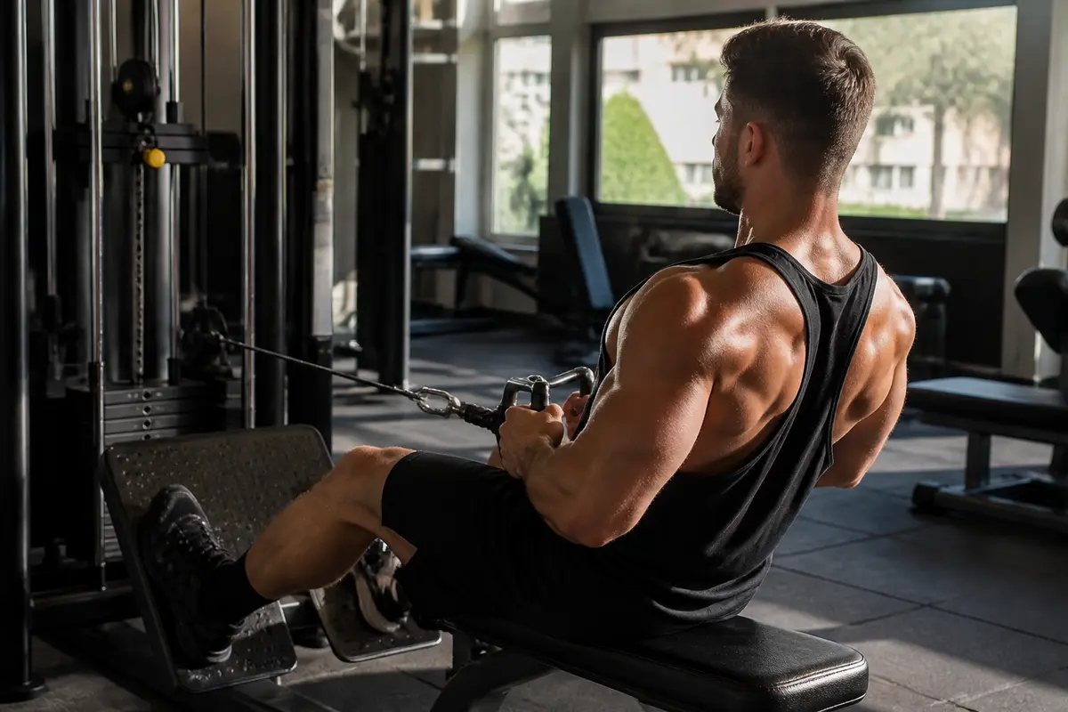 Homme effectuant un tirage horizontal pour le renforcement musculaire du dos en salle de sport