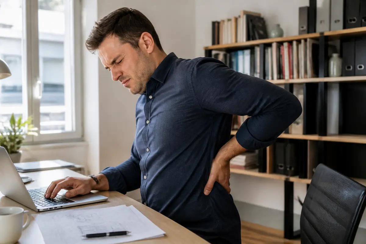 Homme souffrant à son bureau, explorant la signification de la douleur à l'omoplate gauche