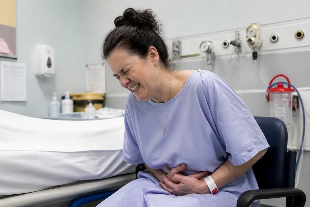 Personne souffrant de douleur insupportable en salle d'examen avec une sonde médicale visible.