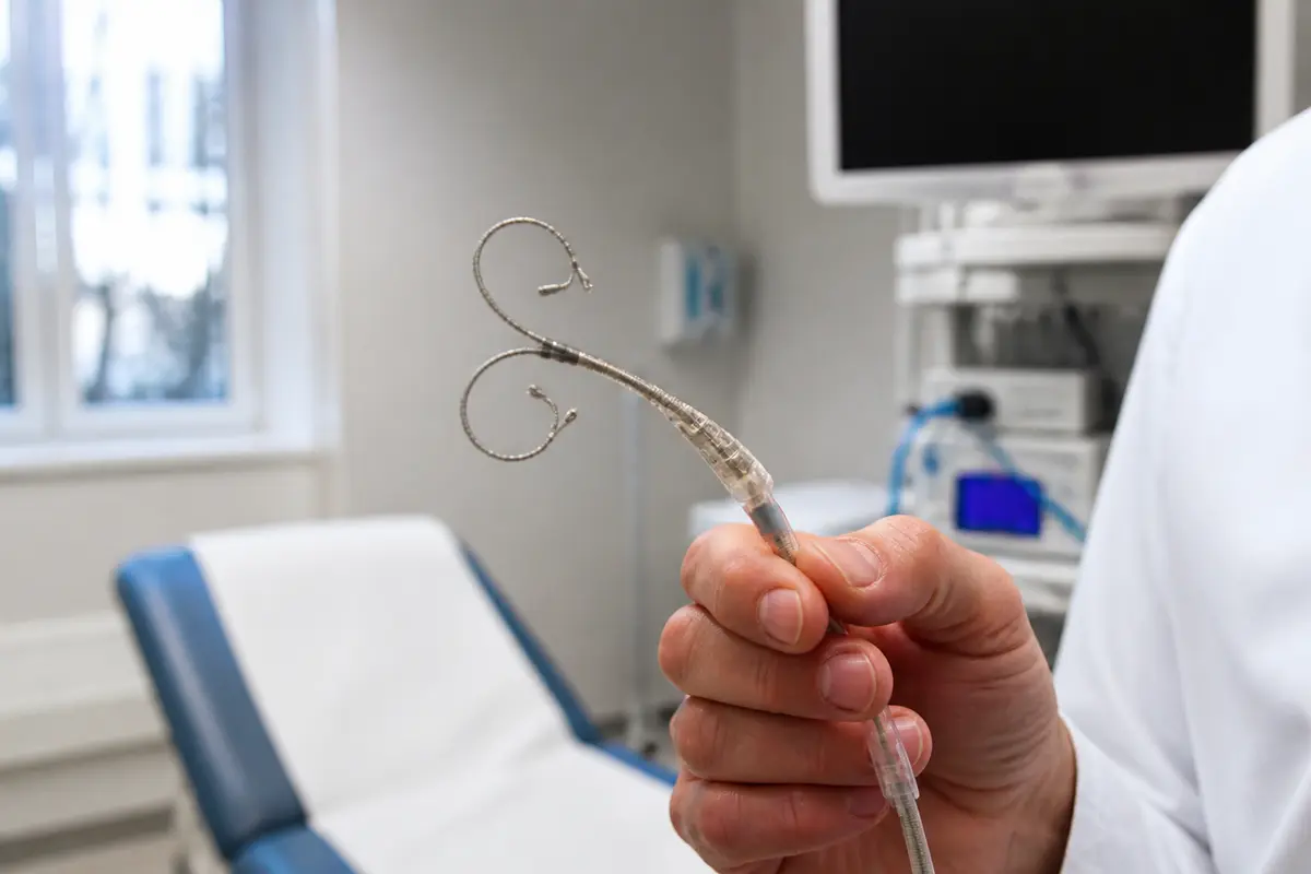 Main tenant une sonde JJ médicale moderne en clinique, évoquant fatigue et soin.