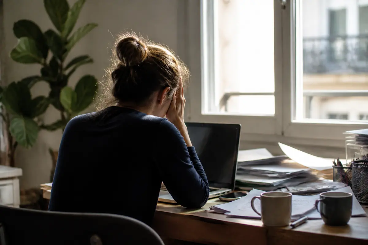 Femme stressée devant un ordinateur accumulant documents liés aux calculs rénaux
