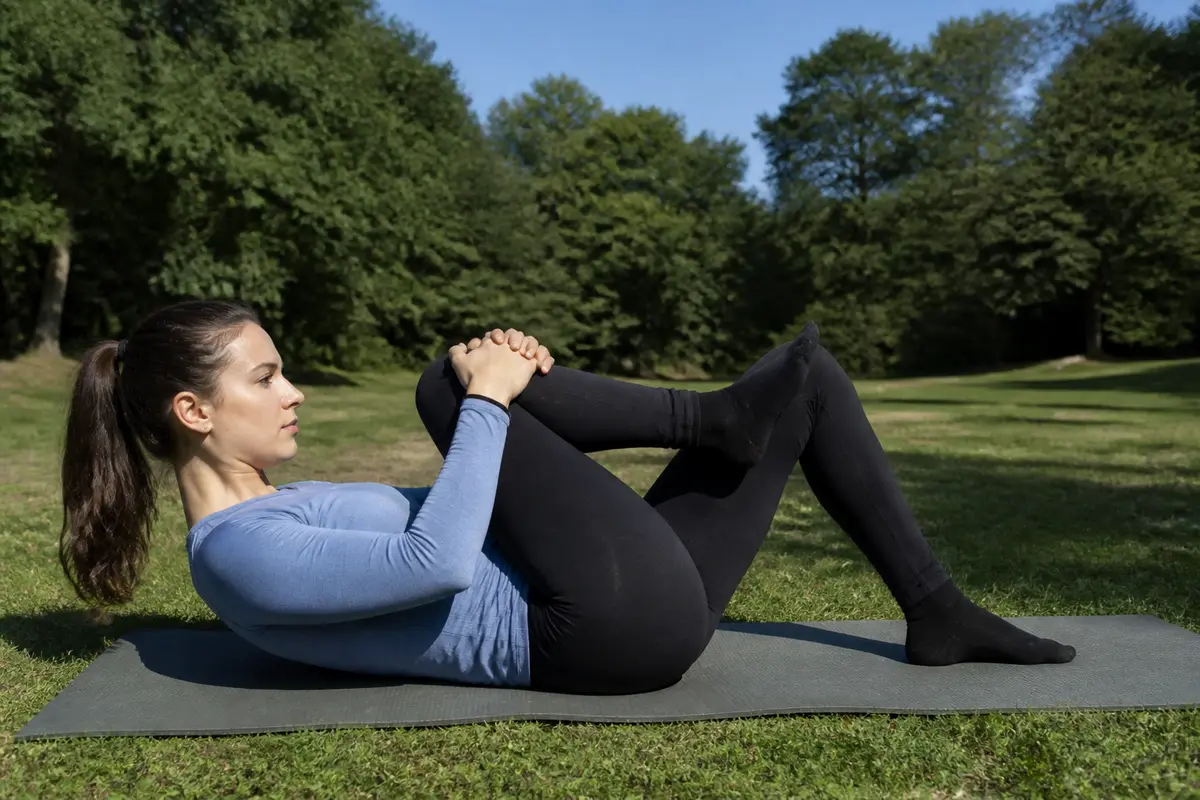 Femme réalisant un étirement pour tendinite au moyen fessier dans un parc verdoyant