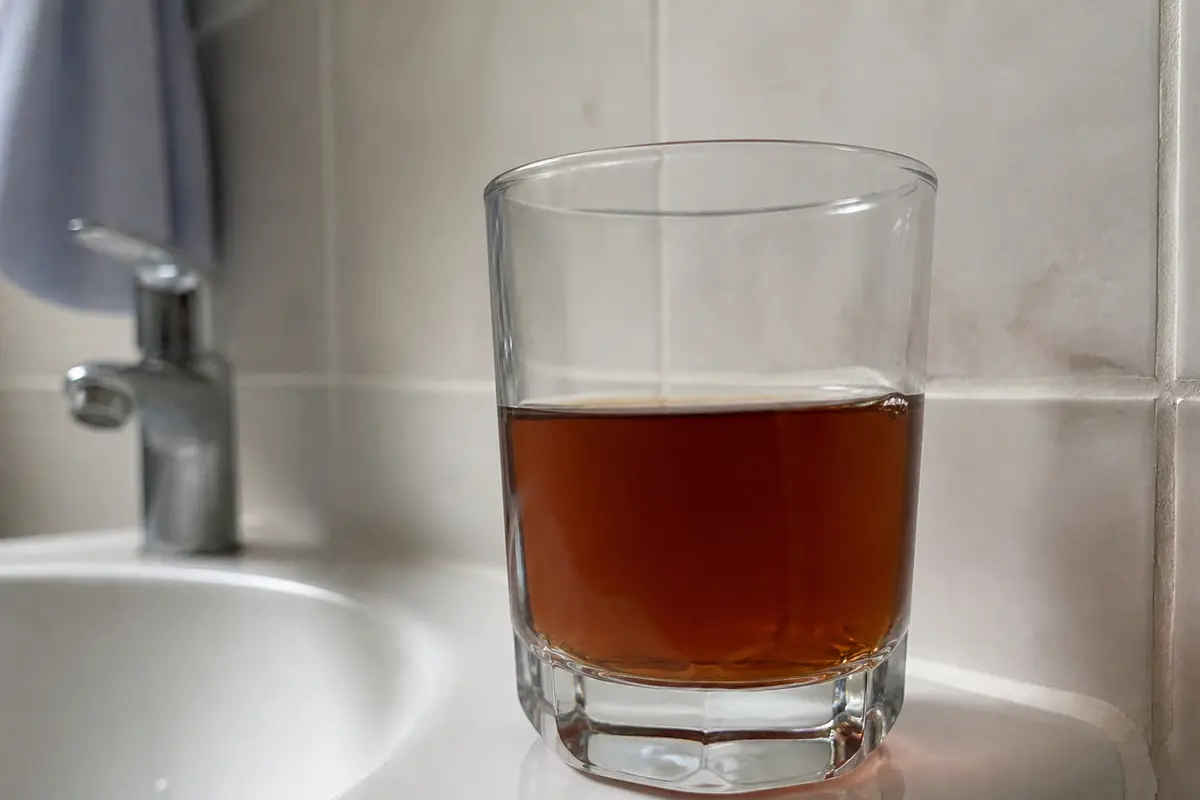 Verre d'eau marron illustrant urine foncée et grosse fatigue dans une salle de bain