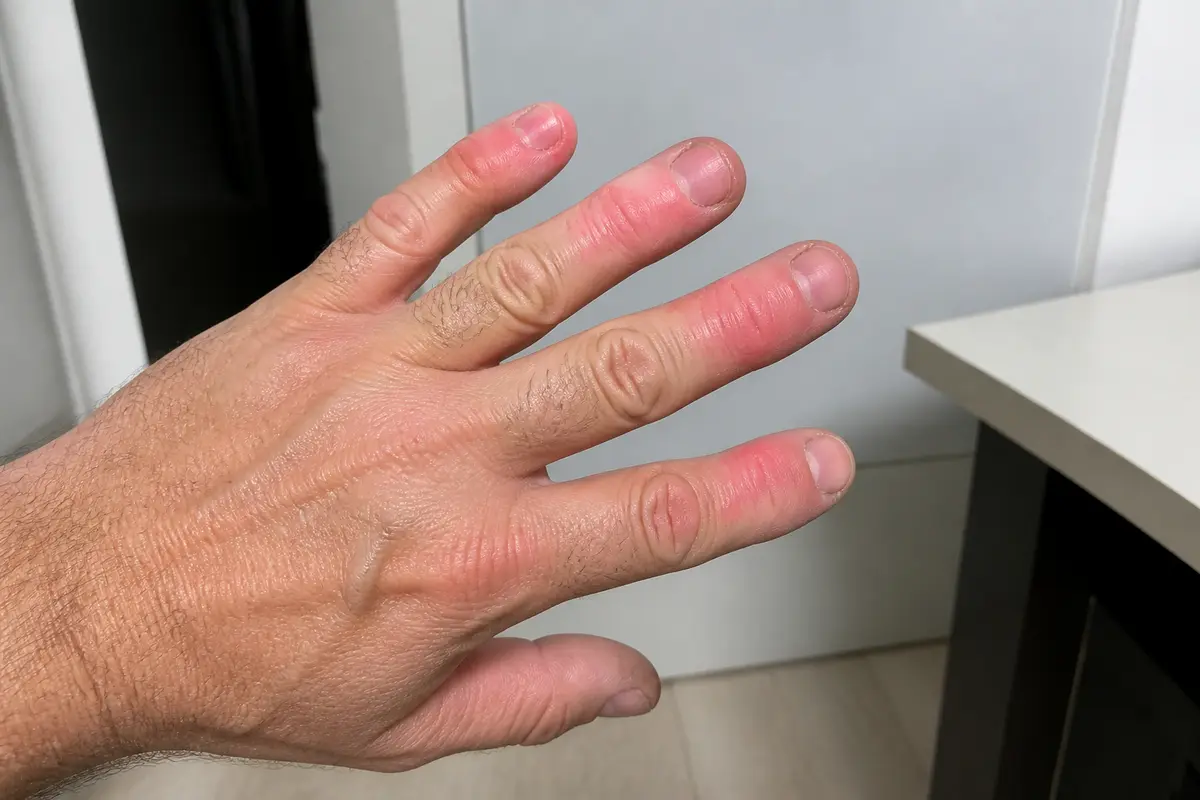 Main avec rougeurs et douleur au bout des doigts visible sur chaque phalange