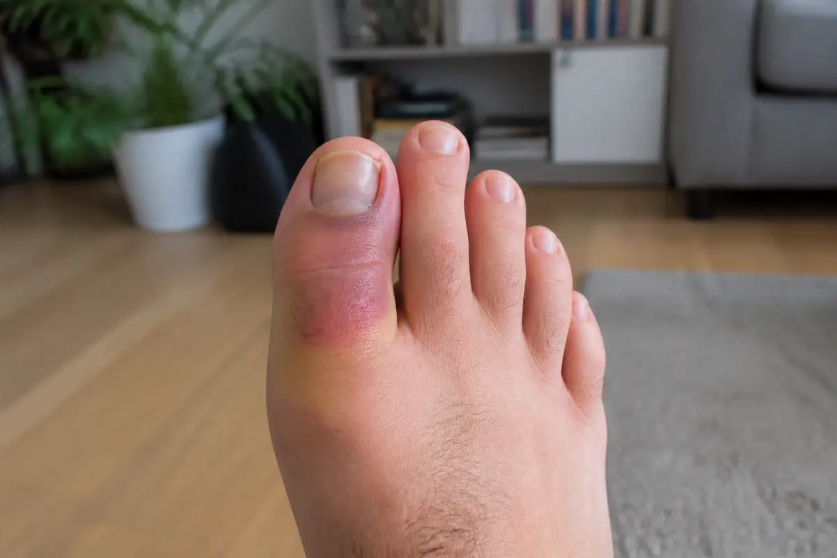 Pied avec gros orteil enflé et blessé montrant le temps de guérison estimé.